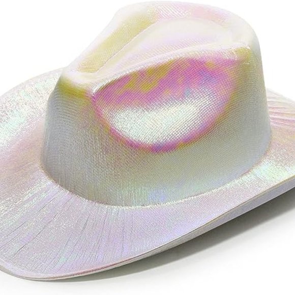 White Holographic Cowboy Hat for Women, Shiny Cowgirl Costume,Bachelorette Party - Picture 3 of 4